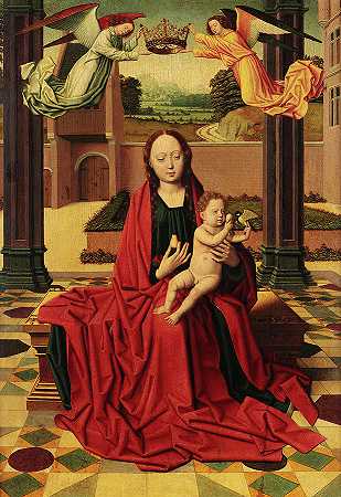 两位天使加冕的童贞子`Virgin and Child Crowned by Two Angels by Hans Memling