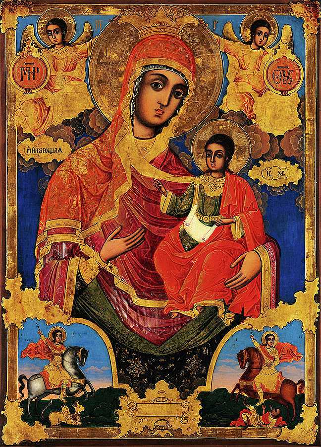 圣乔治和圣德米特里奥斯骑马的圣母玛利亚`The Virgin Eleusa with Saint George and Saint Demetrios on Horses by Iconographer Dimitar Zograf from Samoko