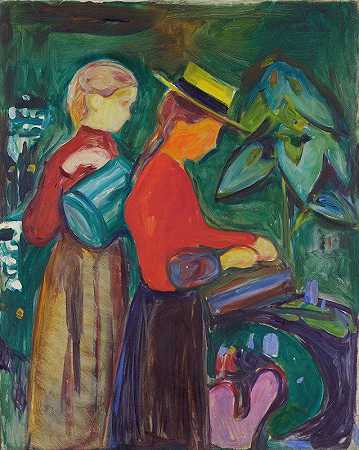 浇花的女孩（林德雕带）`Girls watering Flowers (The Linde Frieze) (1904) by Edvard Munch