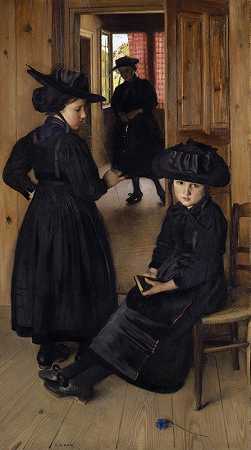 去教堂前的瓦莱女孩们`Girls Of The Valais Before Churchgoing by Charles Giron