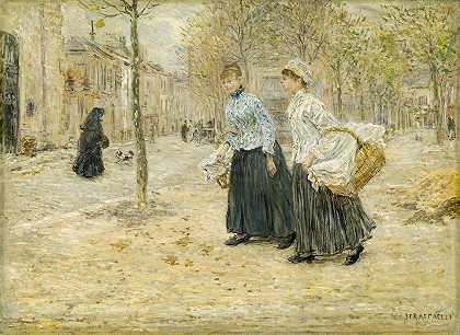 两个洗衣女工穿过巴黎的一个小公园`Two Washerwomen Crossing a Small Park in Paris (c. 1890) by Jean François Raffaëlli