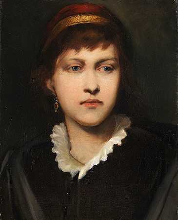 一个戴着头巾和耳环的女孩的肖像`Bildnis eines Mädchens mit Haube und Ohrschmuck (1875) by Gabriel von Max