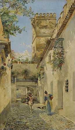 塞维利亚小巷`A Sevillian Alley (1896) by Manuel García y Rodríguez