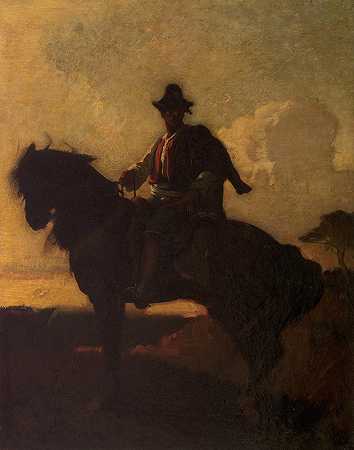罗马乡村骑马的牧羊人`Berger à cheval dans la campagne de Rome (1855~1859) by François-Nicolas Chifflart