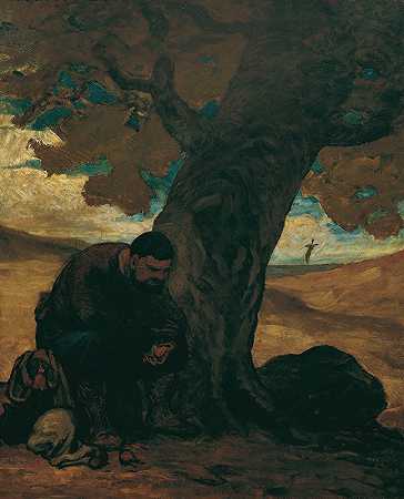 桑乔·潘萨在树下休息`Sancho Pansa, unter einem Baum ausruhend (1860 1870) by Honoré Daumier