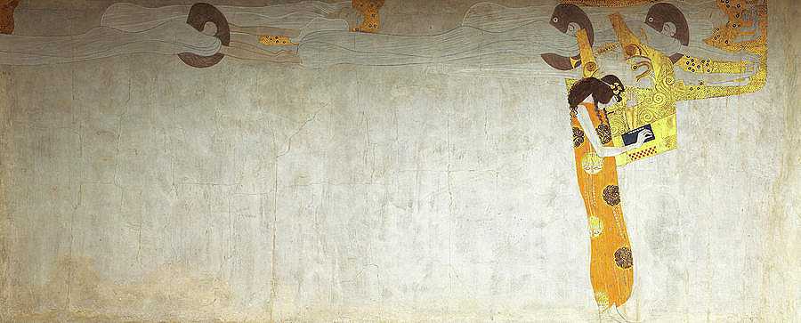 贝多芬的诗中，对幸福的渴望得到了安抚`Beethoven Frieze, The Longing for Happiness Finds Appeasement in Poetry by Gustav Klimt