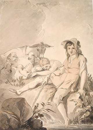 两个孩子和动物的田园风光`Pastoral scene with two children and animals (1793) by Conrad Martin Metz