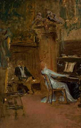 客厅里的音乐会，素描`Concert in the living~room, sketch by Władysław Czachórski