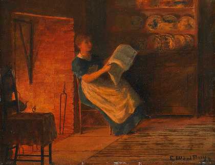 阅读`Reading by the Fire (1870~1879) by the Fire by Enoch Wood Perry