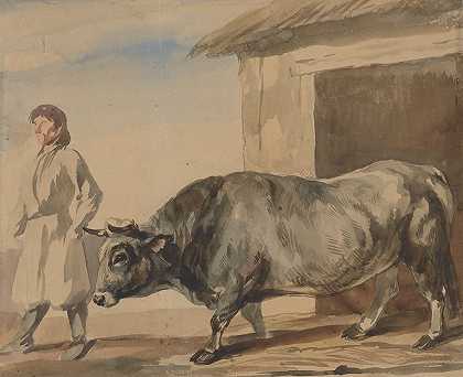 灰牛和来自Bolestrazyce的农民`Grey ox and a peasant from Bolestraszyce (1845) by Piotr Michałowski