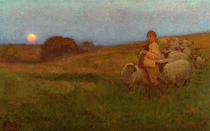夕阳下的牧童和他的羊群`A Shepherd Boy and His Flock at Sunset by Joseph Farquharson