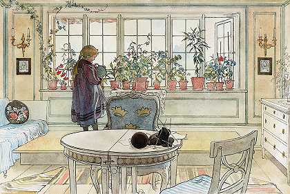 窗台上的花，来自一个家，1895年`Flowers on the Windowsill, From A Home, 1895 by Carl Larsson