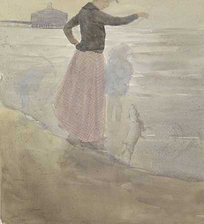 海滩上一名妇女，带着两个孩子和一条狗`Vrouw met twee kinderen en een hondje aan het strand (1874 1927) by Johan Antonie de Jonge