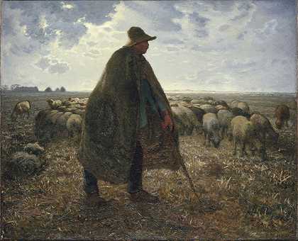 牧羊人照料他的羊群`Shepherd Tending His Flock by Jean-François Millet