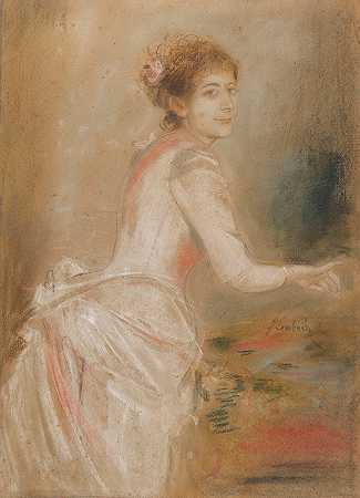 一位身穿白色连衣裙的年轻女士的肖像`Porträt einer jungen Dame im weißen Kleid (Ca. 1880~90) by Franz von Lenbach