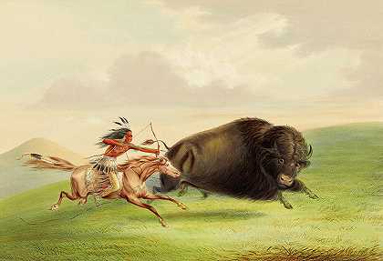 水牛狩猎，追逐，1844年`Buffalo Hunt, Chase, 1844 by George Catlin