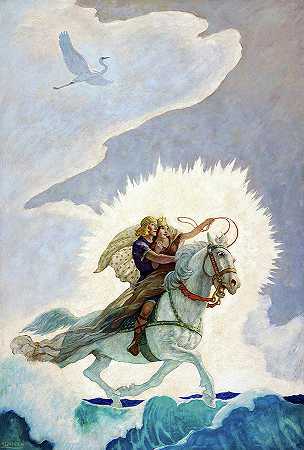 奥辛骑着马来到了青春之地`Oisin Rides to the Land of Youth by Newell Convers Wyeth