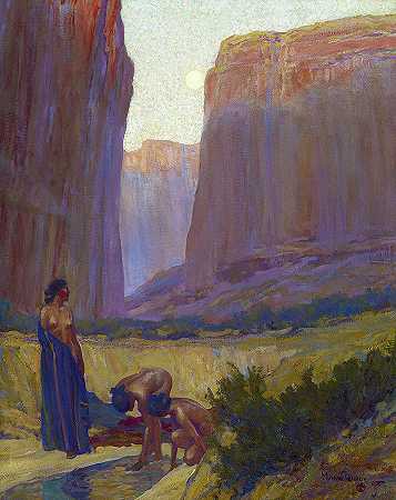 亚利桑那州切利峡谷的纳瓦霍族妇女`Navajo Women in the Canyon de Chelly, Arizona by Maynard Dixon