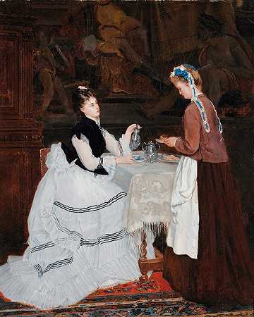 茶点时间`Tea time (1874) by Camille-Léopold Cabaillot-Lassalle