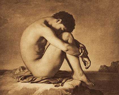 年轻的男性裸体坐在海边`Young Male Nude Seated beside the Sea by Hippolyte Flandrin