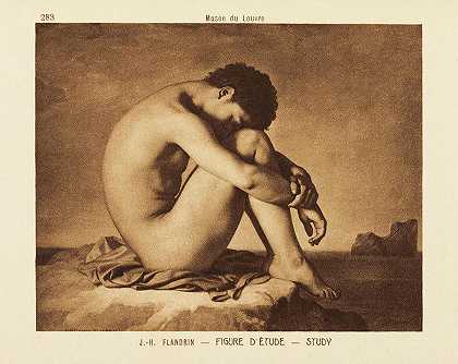 坐在海边的裸体年轻人`Naked Young Man Sitting by the Sea by Hippolyte Flandrin
