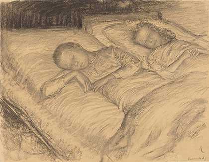 艺术家孩子们狼和安娜睡着了`The Artists Children Wolf and Anna Asleep (c. 1900) by Leopold von Kalckreuth