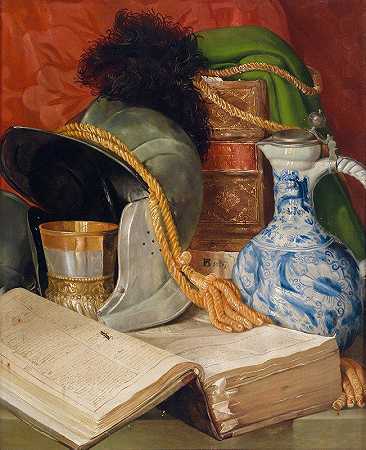 有树叶和头盔的静物画`Stillleben Mit Folianten Und Helm (1837) by Ferdinand Beer