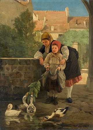 喂鸭子`Feeding The Ducks (1878) by Charles-Bertrand d&;Entraygues