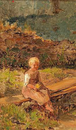 坐在木制走道上的孩子`Child Sitting on a Wooden Walkway by Olga Wisinger-Florian