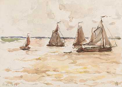 河上的渔船`Vissersschepen op een rivier (1851 1899) by Carel Nicolaas Storm van &;s-Gravesande
