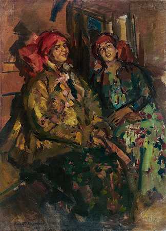 两个穿着农民服装的女孩`Two Girls In Peasant Costumes by Konstantin Alexeevich Korovin