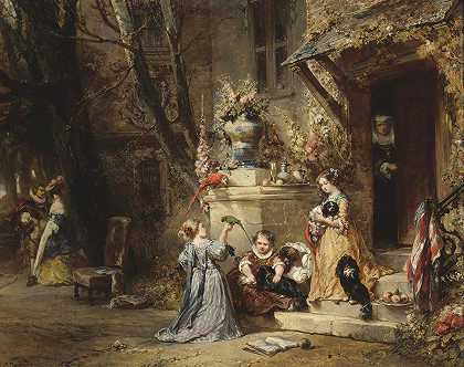 和最喜欢的宠物玩耍的孩子们`Children Playing With The Favorite Pets (1846) by Eugène Isabey