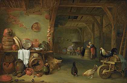 谷仓屋内有盘子上的鱼、卷心菜、陶器、铜锅和其他厨房用具的静物`A Barn Interior With a Still Life of Fish On a Plate, a Cabbage, Earthenware And Copper Pots And Pans And Other Kitchen Utensils (1637) by Pieter de Bloot