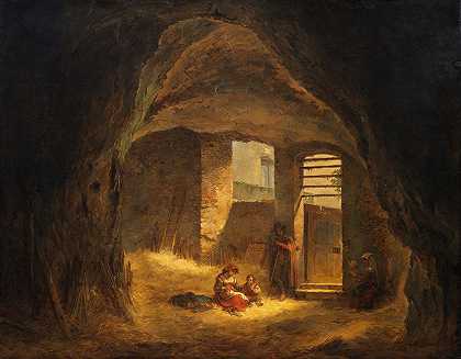 洞穴中的意大利农民（塔佩岩中的古董洞穴）`Italian Peasants in a Grotto (Antique Grotto in the Tarpeian Rock) (1821) by Alexander Lauréus