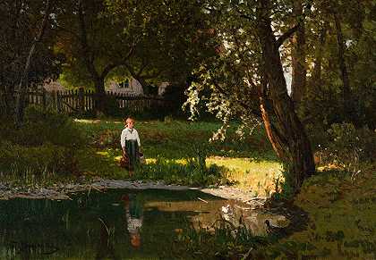 池塘边的女孩`Girl at a pond by Walery Brochocki