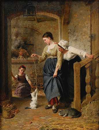 和小猫玩耍`Playing With Kittens (1872) by Edouard Castres