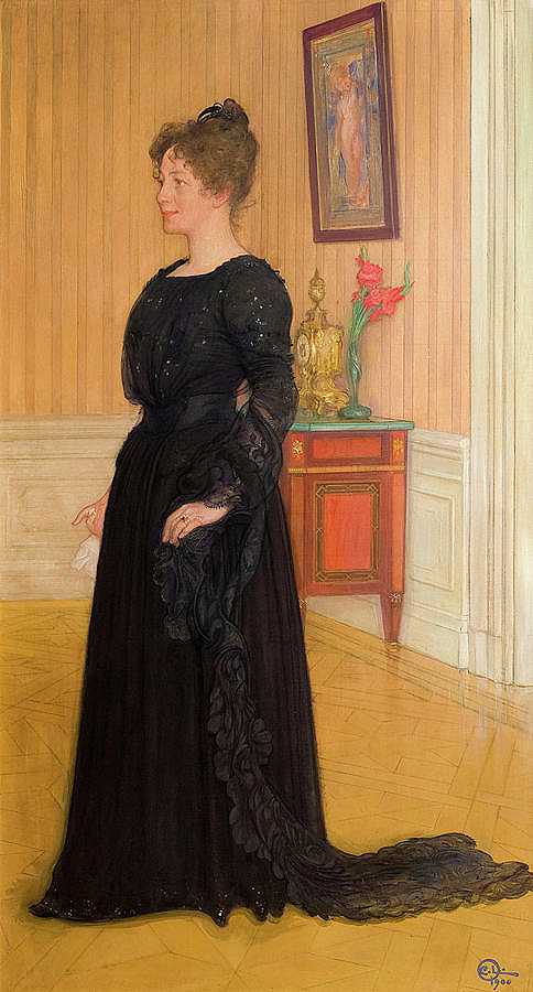 西格·泰尔夫人的肖像`Portrait of Mrs. Signe Thiel by Carl Larsson