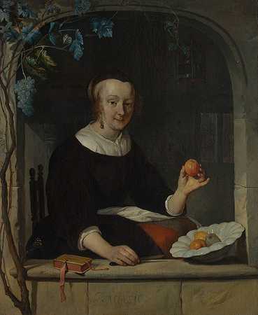 坐在窗边的女人`A Woman Seated at a Window (early 1660s) by Gabriel Metsu