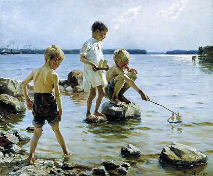 孩子们在岸上玩耍，1884年`Children Playing on the Shore, 1884 by Albert Edelfelt