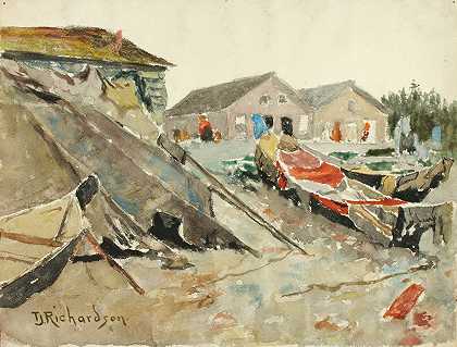 在独木舟上晾晒毯子`Drying Blankets Over Canoes (ca. 1890 1914) by Theodore J. Richardson