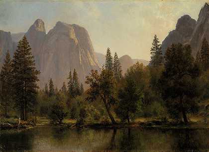 约塞米蒂山谷教堂岩石`Cathedral Rocks, Yosemite Valley (ca. 1872) by Albert Bierstadt