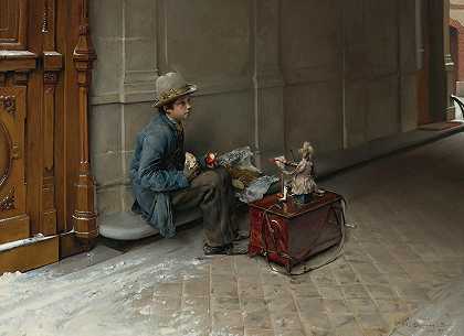小吃店在一所房子的入口前吃东西`The petit savoyard eating in front of an entrance to a house (1877) by Pascal-Adolphe-Jean Dagnan-Bouveret