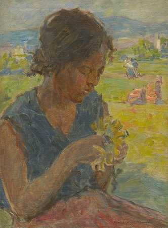 带向日葵的女孩`Girl with a sunflower (1934) by Elemír Halász-Hradil