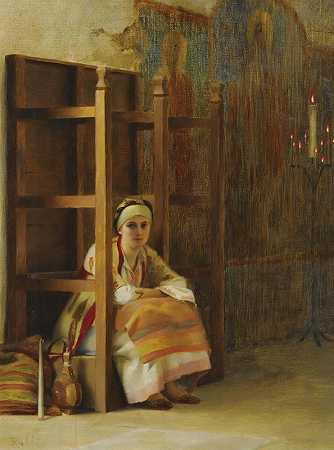希腊教堂里的年轻女孩`Young Girl In A Greek Church by Theodoros Ralli