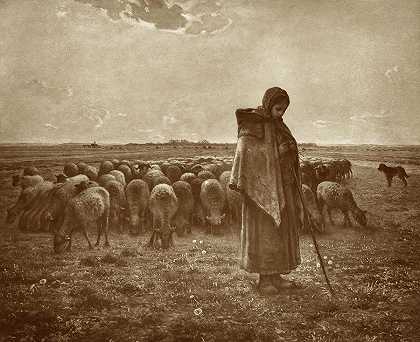 牧羊女和她的羊群，1863年`Shepherdess with her Flock, 1863 by Jean-Francois Millet