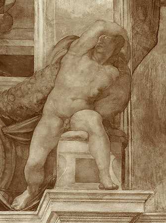 西斯廷教堂天花板，伊格纳迪9号`Sistine Chapel Ceiling, Ignudi No.9 by Michelangelo