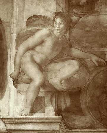 西斯廷教堂天花板，伊格纳迪7号`Sistine Chapel Ceiling, Ignudi No.7 by Michelangelo