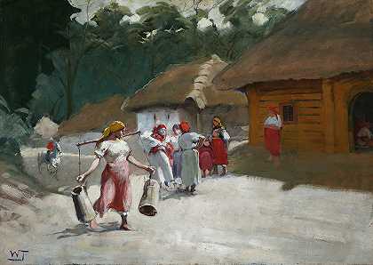 在乡村道路上交谈`Talking on a rural road (between 1905 and 1915) by Włodzimierz Tetmajer