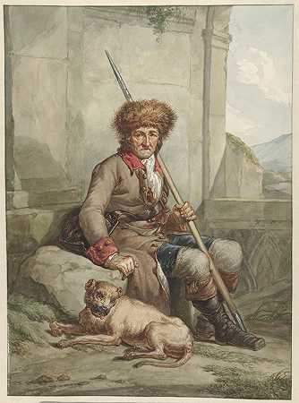戴着皮帽、长矛和小麦灰的坐着猎人`Zittende jager met bontmuts, speer en weitas (1763 ~ 1826) by Abraham Van Strij