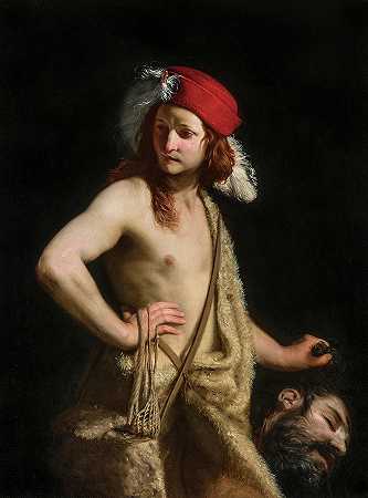 大卫拿着歌利亚的头，1650年`David Holding Goliath\’s Head, 1650 by Guido Cagnacci